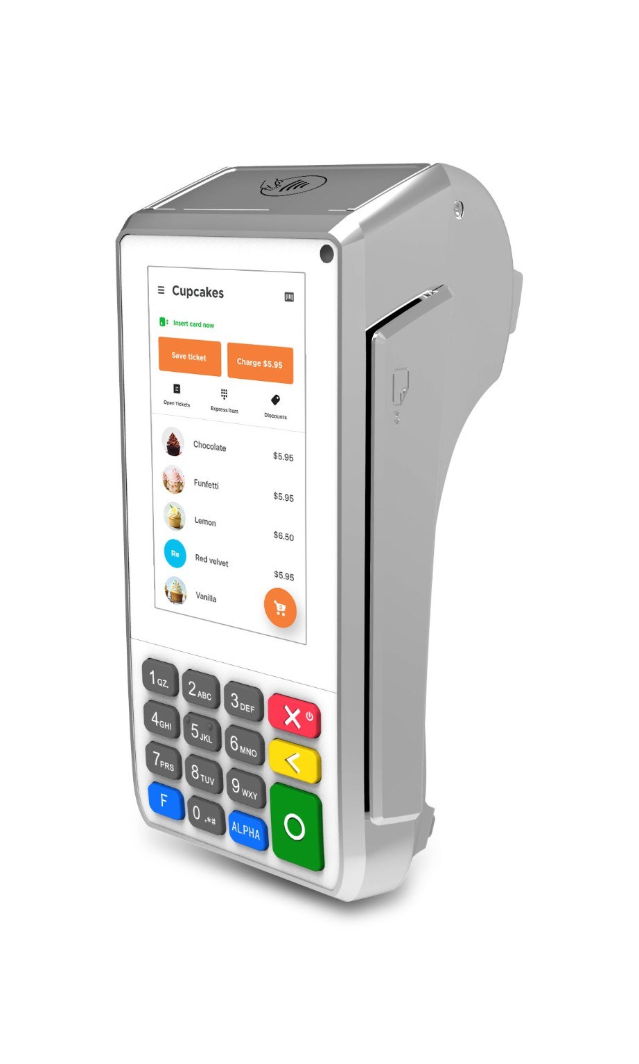 Front view of a white handheld payment terminal