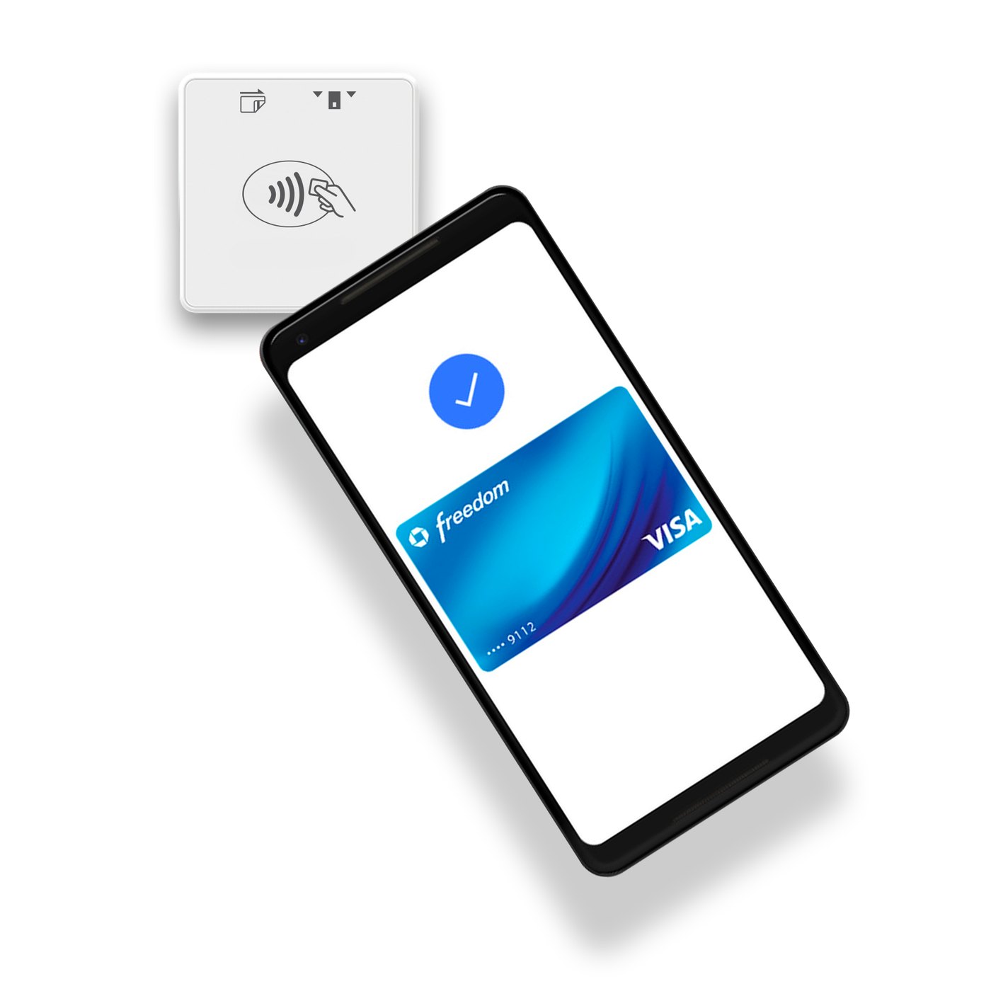 Smartphone payment screen beside a contactless reader