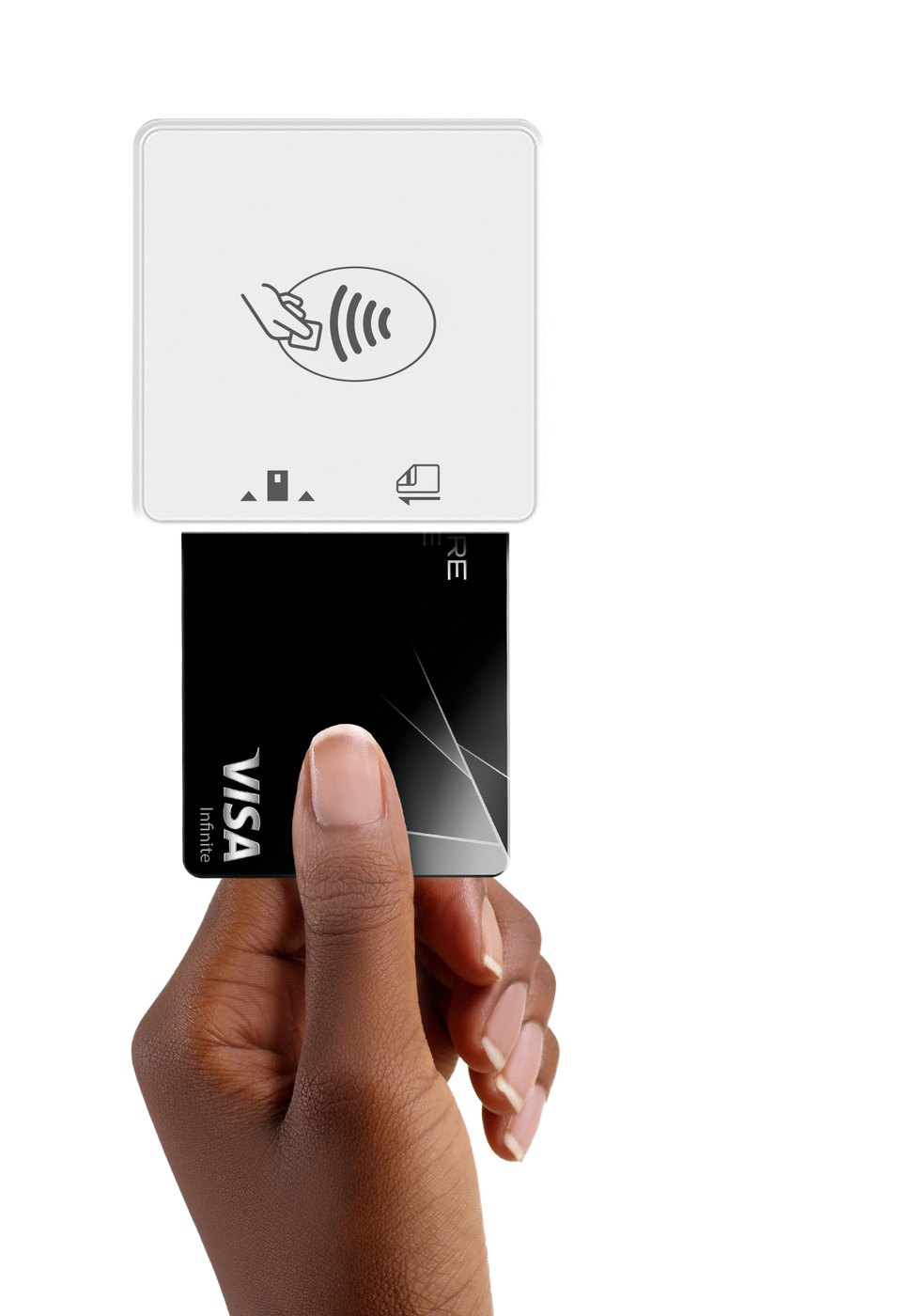 Customer holding a card at a payment terminal