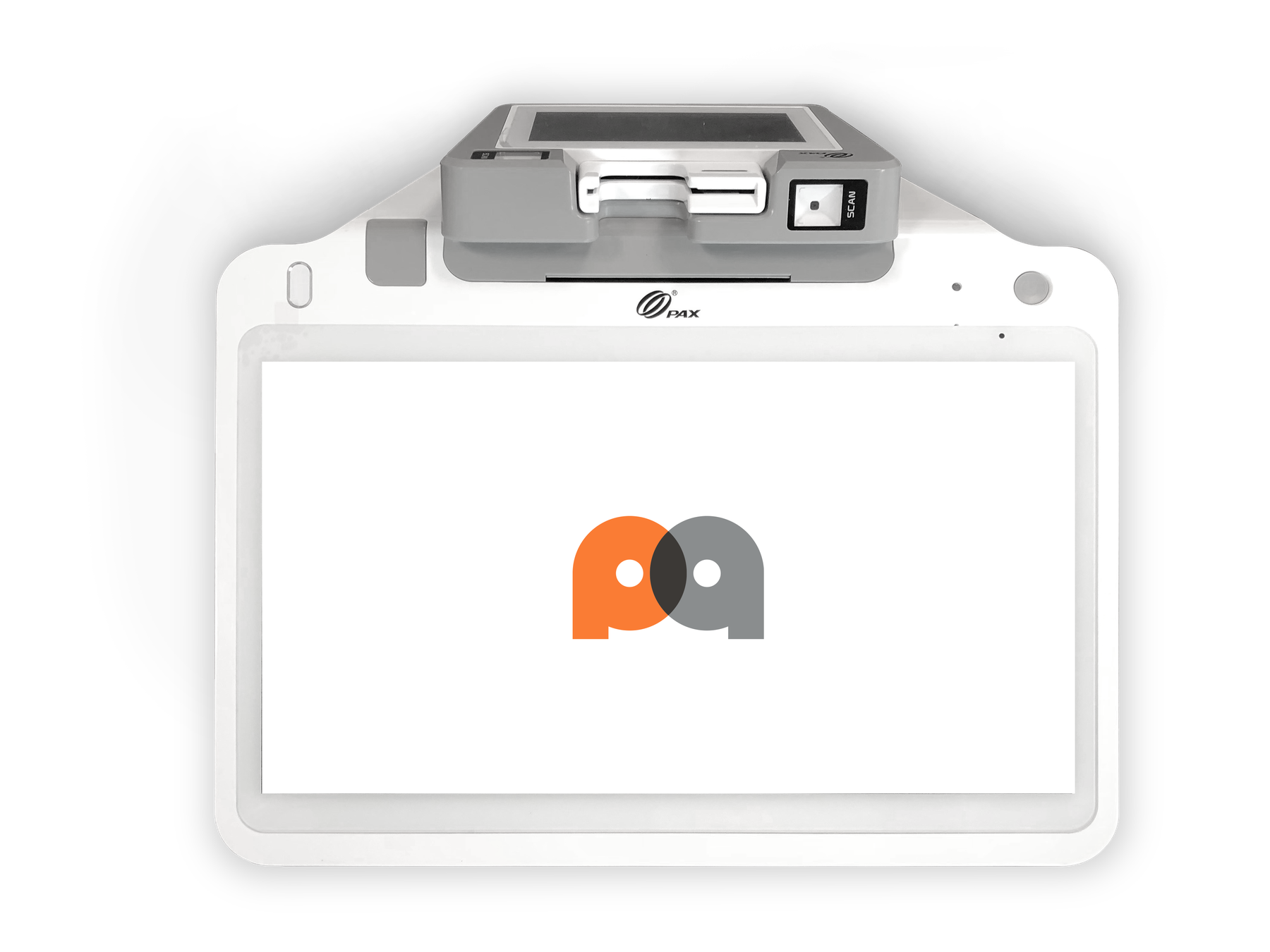 Black handheld card reader with a payment logo on screen