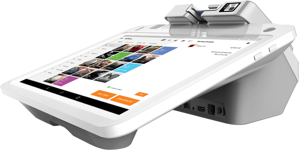 Touchscreen POS terminal in a retail checkout setting